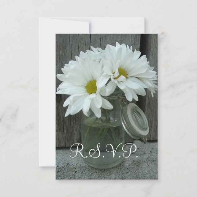 Country / Barn Wedding RSVP - Daisies Mason Jar Card (Front)
