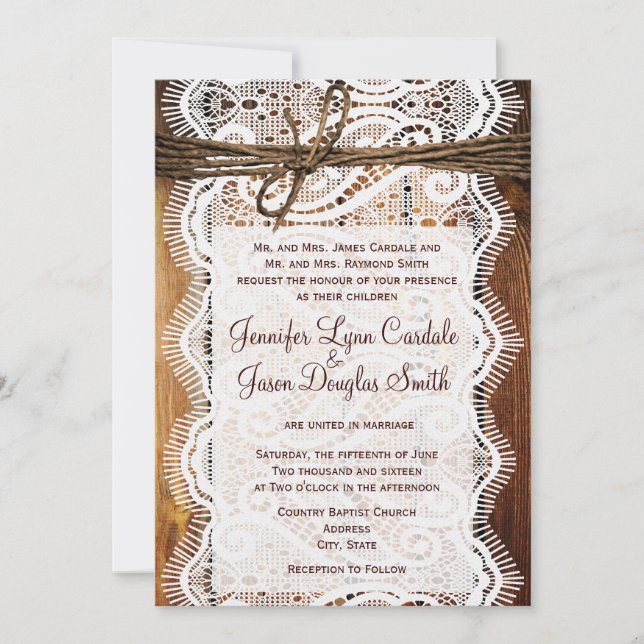 Country Barn Wood Lace Twine Wedding Invitations (Front)