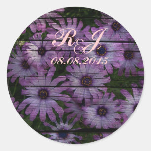 country barn wood  purple daisy wedding classic round sticker