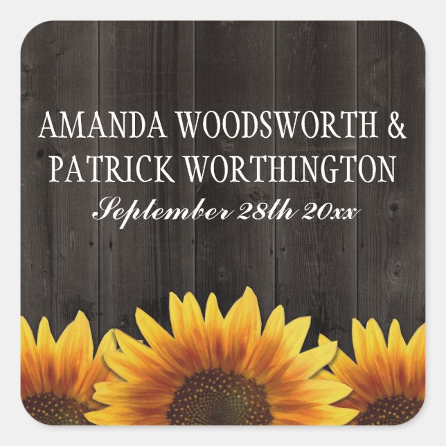 Country Barn Wood Rustic Sunflower Wedding Favours Square Sticker (Front)
