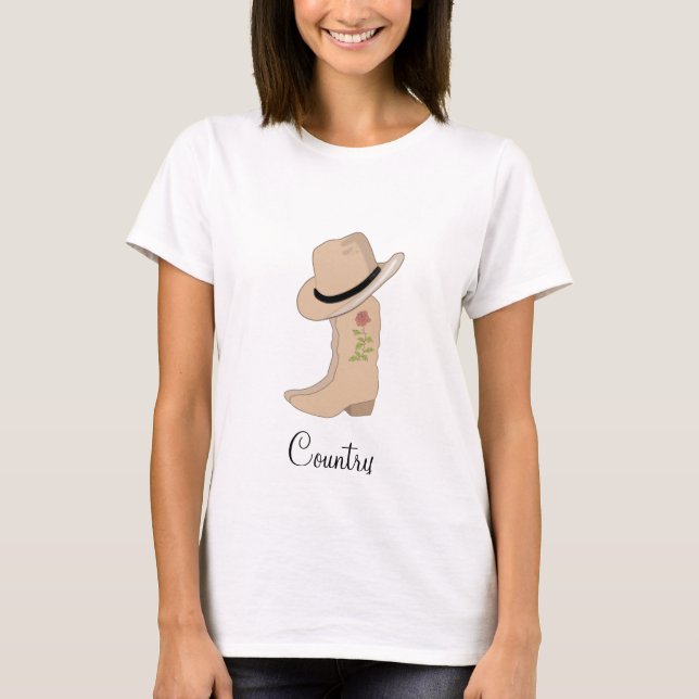 Country Beige Hat and Boots with Flower T-Shirt (Front)