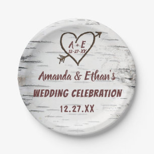 Country Birch Tree Bark Heart Arrow Rustic Wedding Paper Plate