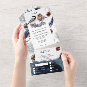 Country bird pine cone fall wedding all in one inv all in one invitation