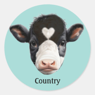 Country Black and White Cow Face on Light Blue Classic Round Sticker