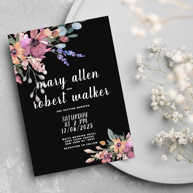 Country black pink lavender green floral wedding  invitation (Country black pink lavender green floral wedding )