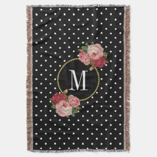 Country Black Vintage Floral Polka Dots Monogram Throw Blanket