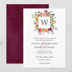Country Bloom Autum Colours Floral Monogram Weddin Invitation