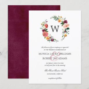 Country Bloom Autum Floral Wreath Monogram Wedding Invitation