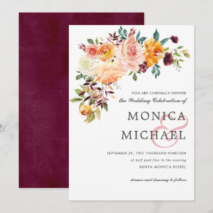 Country Bloom Burgundy Floral corner Chic Wedding Invitation