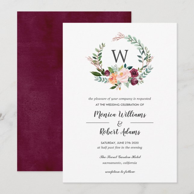 Country Bloom | Chic Monogram Wreath Wedding Invitation (Front/Back)