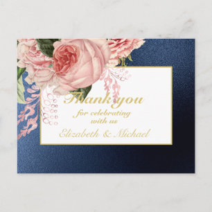 Country Blue Blush Pink Roses Navy Gold THANK YOU Postcard