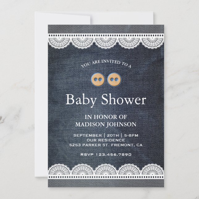 Country Blue Denim White Lace Baby Shower Invitation (Front)