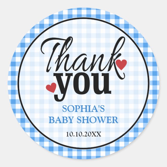 Country Blue Gingham Baby Shower Thank You Classic Round Sticker (Front)