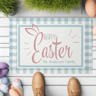 Country Blue Gingham Happy Easter Personalized Doormat