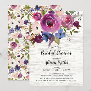 Country Blue Plum Floral Bridal Shower Invitation