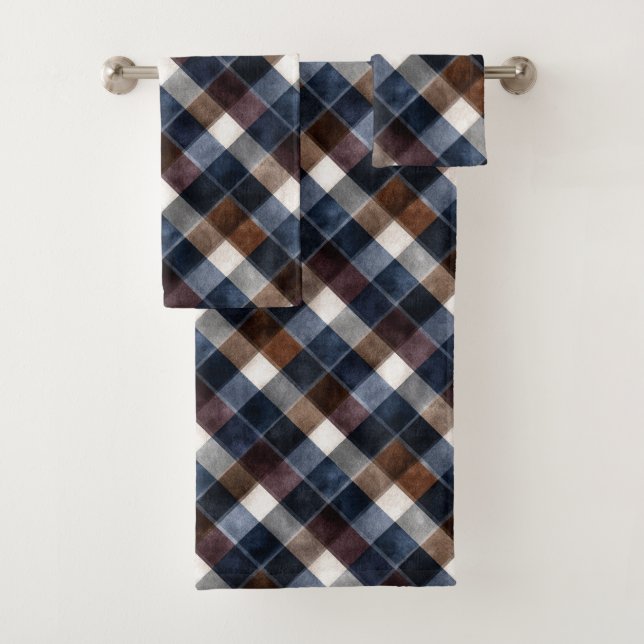Country Blue Red White Grey Squares   Bath Towel Set (Insitu)
