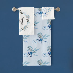 Country Blue Rose Watercolor  Bath Towel Set