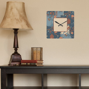 Country Blue Rust Rustic Farmhouse  Square Wall Clock
