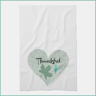 Country Blue Thankful Heart Leaves Kitchen Towel
