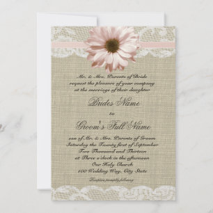 Country Blush Daisy and Lace Rustic Burlap Wedding Invitation