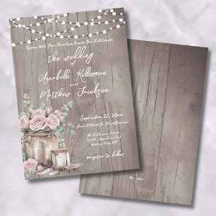 Country Blush Pink Roses Rustic Wood Wedding Invitation