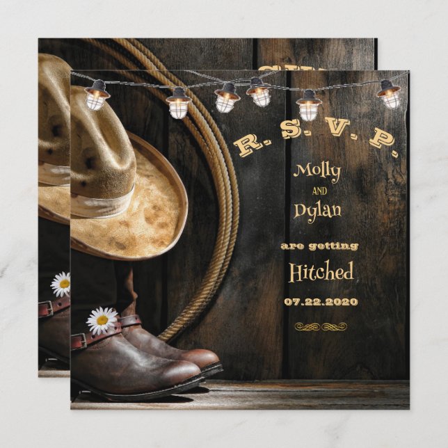 Country Boots Hat & Barnwood Wedding RSVP Card (Front/Back)