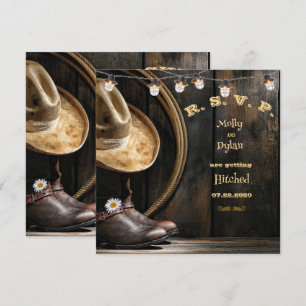 Country Boots Hat & Barnwood Wedding RSVP Card