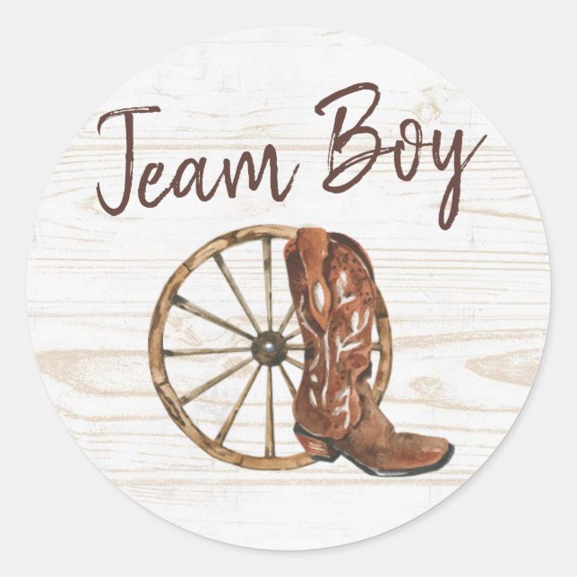 Country Boots or Bows Gender Reveal Team Boy Classic Round Sticker (Front)