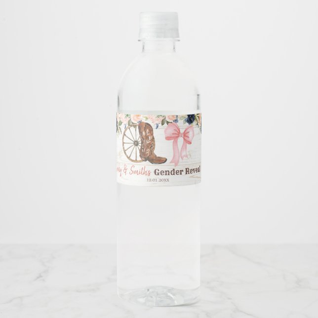 Country Boots or Bows Gender Reveal Water Bottle Water Bottle Label (Front)