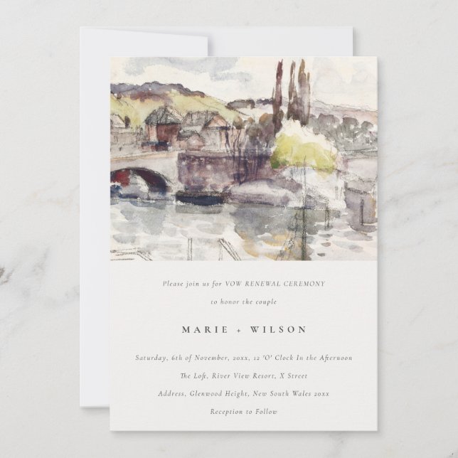 Country Bridge Riverside Watercolor Vow Renewal Invitation (Front)