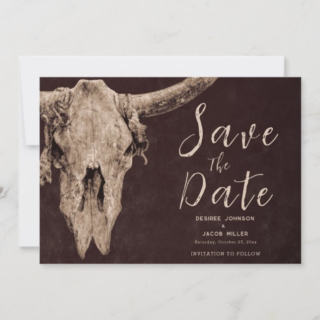 Country Brown Rodeo Bull Skull Save The Date Announcement (Front)