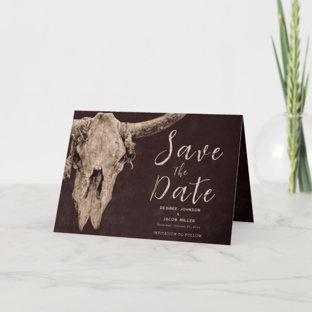 Country Brown Rodeo Bull Skull Save The Date Invitation (Front)
