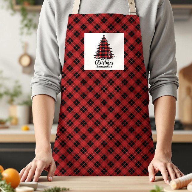 Country Buffalo Plaid Tree Custom Name Christmas  Apron (Country Buffalo Plaid Tree Custom Name Christmas Apron)