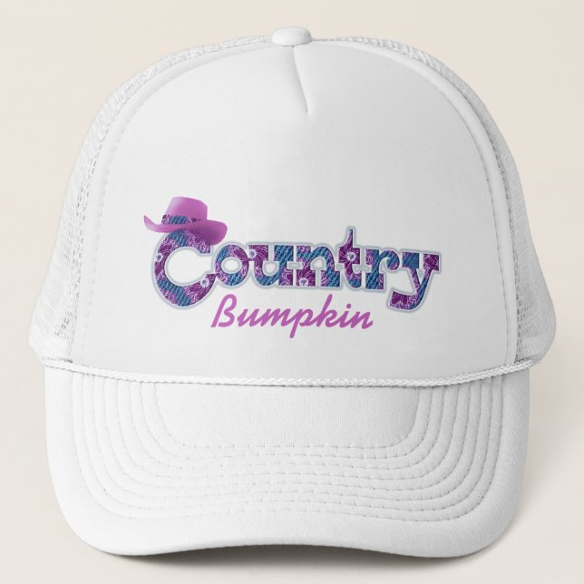 Country bumpkin denim blue pink white hat (Front)