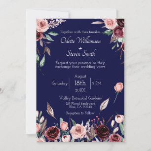 Country Burgundy Blush and Navy Romantic Wedding Invitation