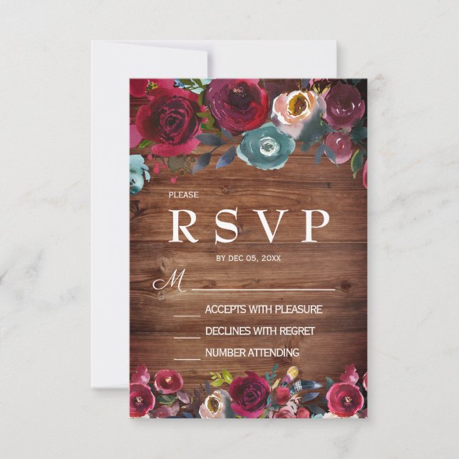 Country Burgundy Marsala Red Navy Floral RSVP (Front)
