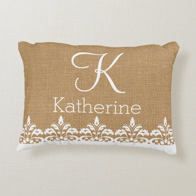 Country Burlap and white damask lace monogram Decorative Pillow (Back)