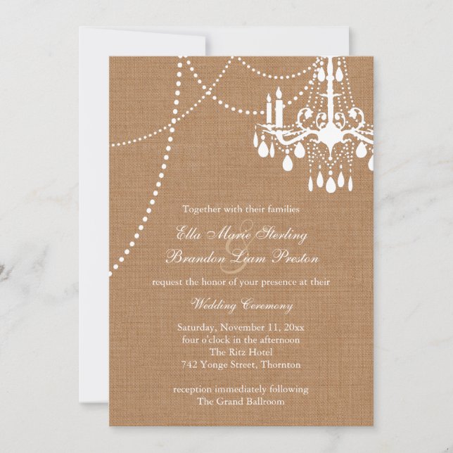 Country Burlap Chandelier Wedding Invitation (Front)