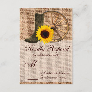 Country Burlap Cowboy Boots Sunflower Wedding RSVP Card