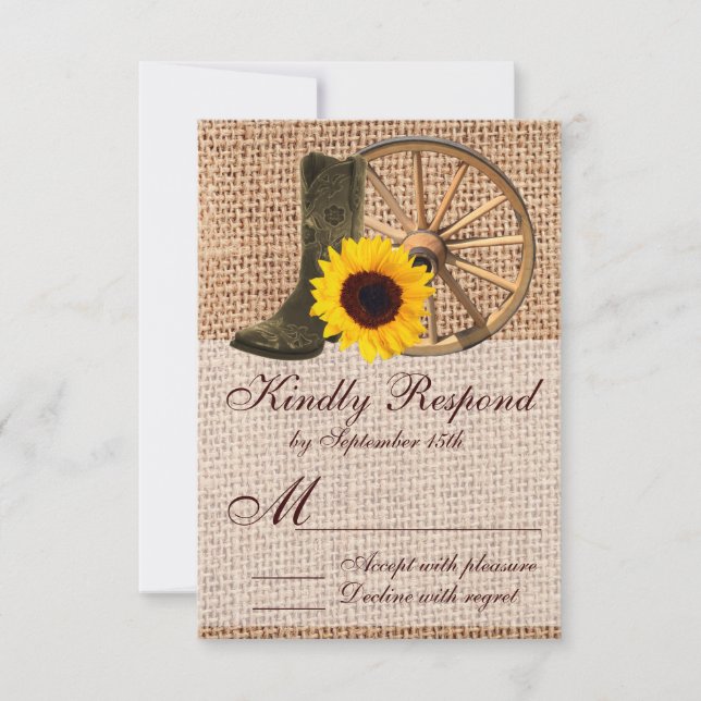 Country Burlap Cowboy Boots Sunflower Wedding RSVP Card (Front)