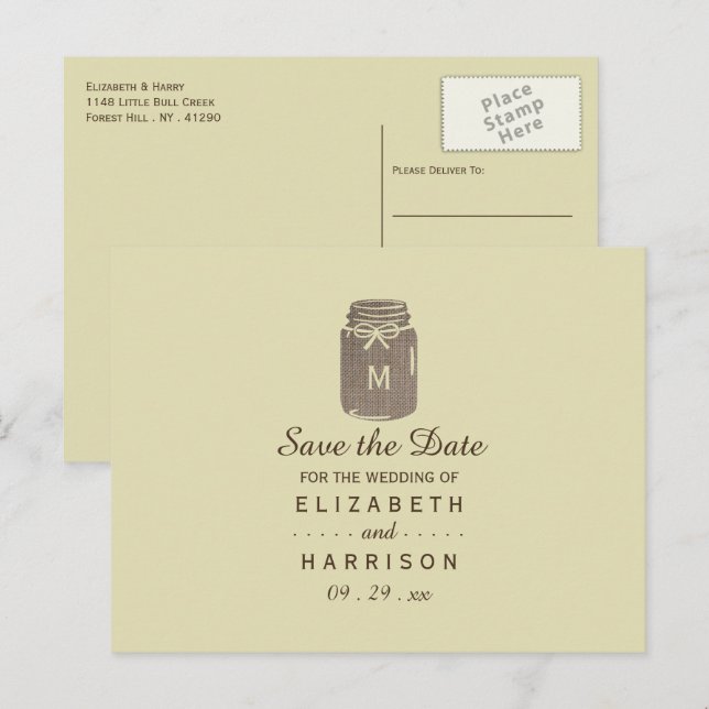 Country Burlap Mason Jar Wedding Announcement Postcard (Front/Back)
