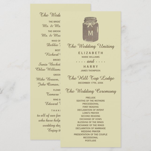 Country Burlap Mason Jar Wedding Program (Front/Back)