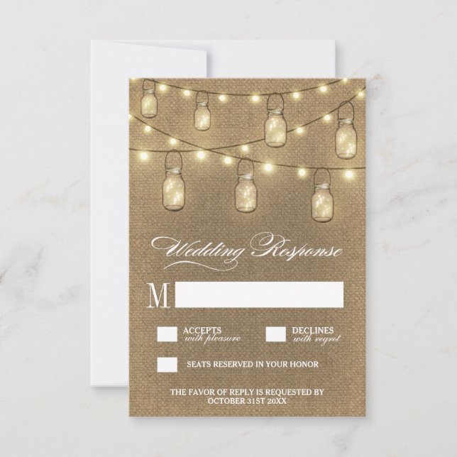 Country Burlap Mason Jar Wedding RSVP Cards (Front)