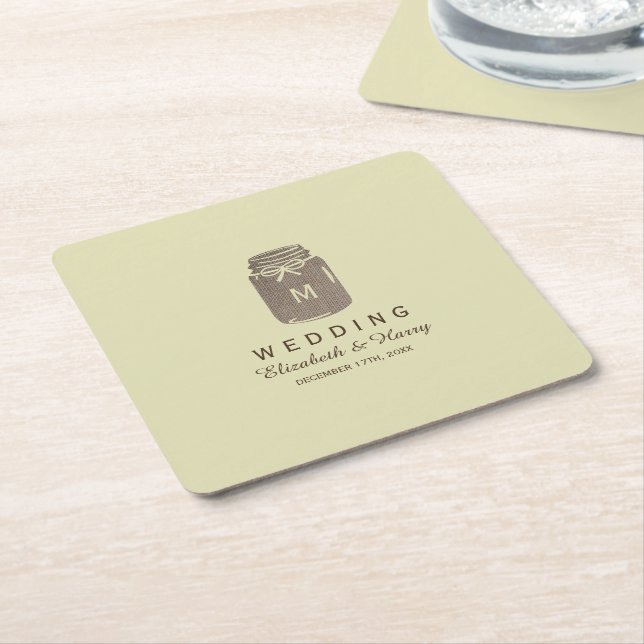 Country Burlap Mason Jar Wedding Square Paper Coaster (Angled)
