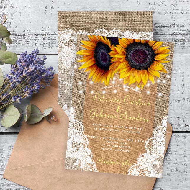 Country burlap sunflowers lights and lace wedding invitation (Creator Uploaded)