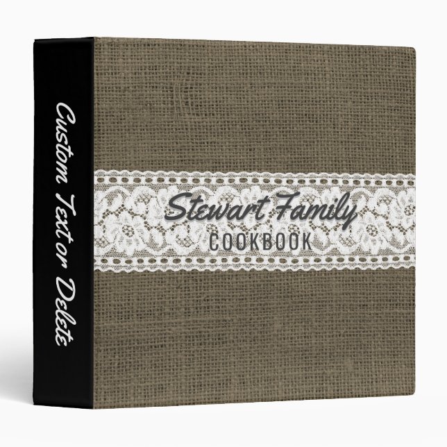 Country Burlap Vintage Lace Family Recipe Cookbook Binder (Front/Spine)