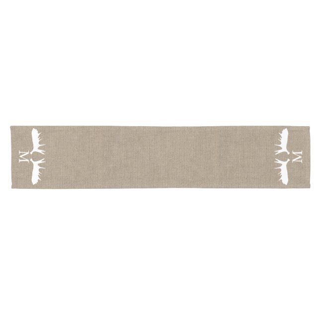 Country Burlap White Moose Antlers Monogrammed Short Table Runner (Horizontal)