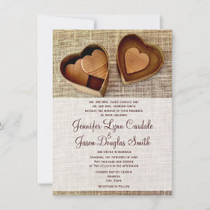 Country Burlap Wooden Hearts Wedding Invitations
