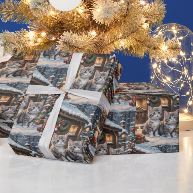 Country Cabin, Cute Kittens and Christmas Tree  Wrapping Paper (Holidays)