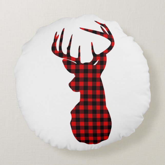 country cabin red buffalo plaid christmas deer round pillow (Back)